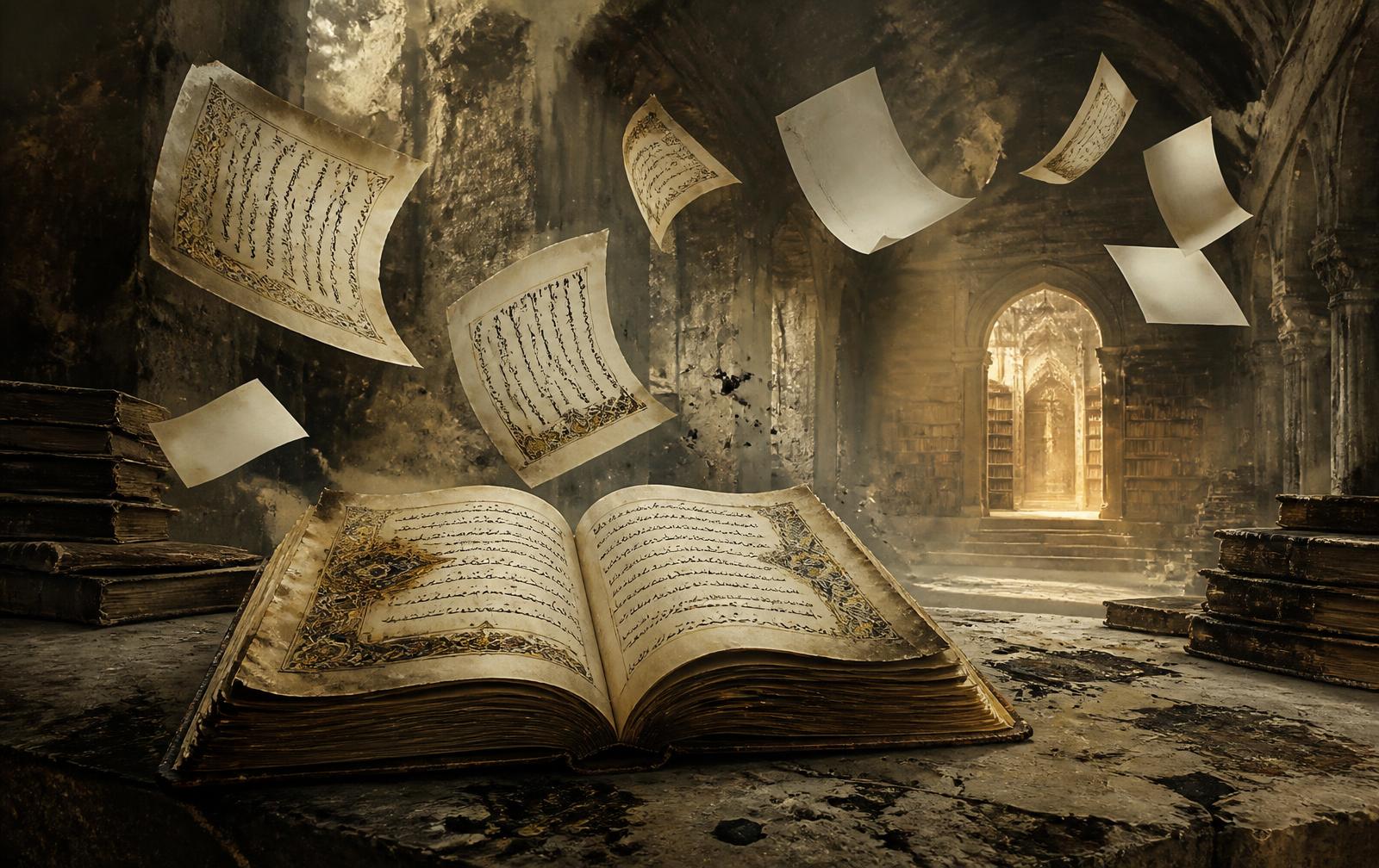 Persian manuscript pages crossing into an international literary landscape, representing the global translation of Iranian literature.